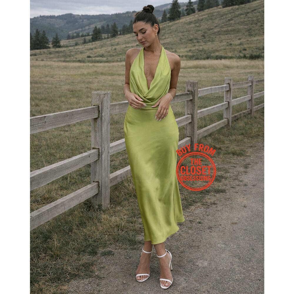 MANGO Green Open Back Satin Midi Dress NWT Cowl Neck Wedding Guest - Picture 10 of 16